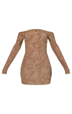 Khaki Floral Sheer Burnout Bardot Bodycon Dress