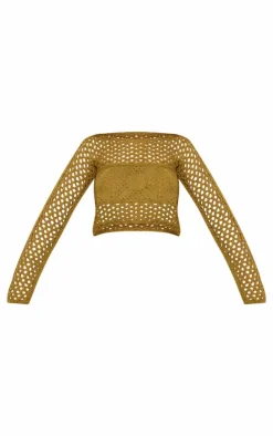 Khaki Flower Embossed Crochet Oversized Top