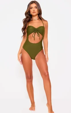 Khaki Halter Neck Cut Out Swimsuit