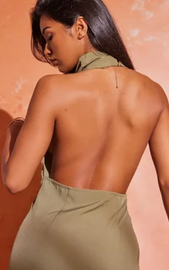 Khaki High Neck Cowl Backless Bodycon Dress