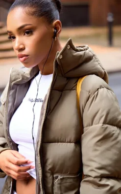 Khaki Hooded Maxi Puffer Coat