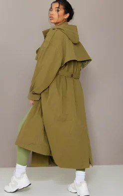 Khaki Hooded Oversized Woven Trench Coat