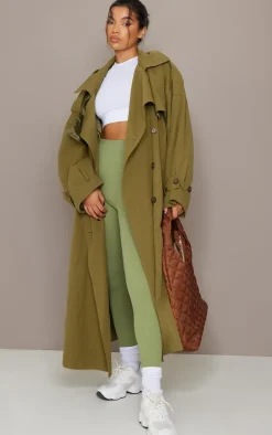 Khaki Hooded Oversized Woven Trench Coat