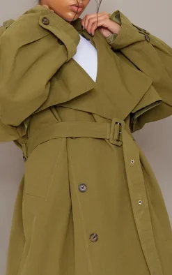 Khaki Hooded Oversized Woven Trench Coat