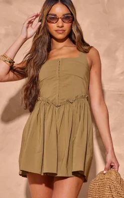 Khaki Hook And Eye Ruched Shift Dress