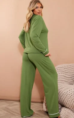 Khaki Jersey Piping Detail Long PJ Set