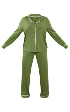 Khaki Jersey Piping Detail Long PJ Set