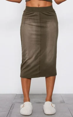 Khaki Jersey Washed Binding Detail Midi Skirt