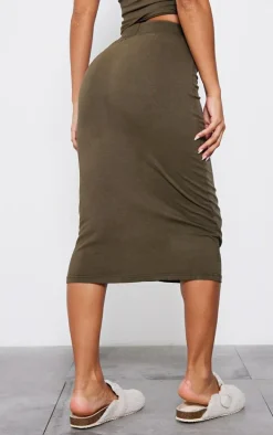 Khaki Jersey Washed Binding Detail Midi Skirt