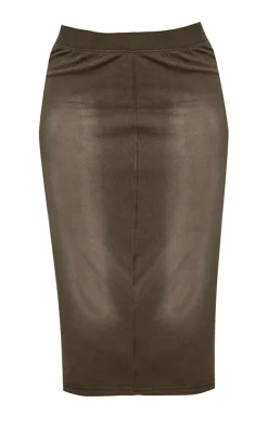 Khaki Jersey Washed Binding Detail Midi Skirt