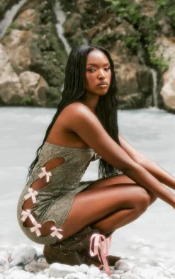 Khaki Lace Bow Detail Cut Out Bandeau Bodycon Dress