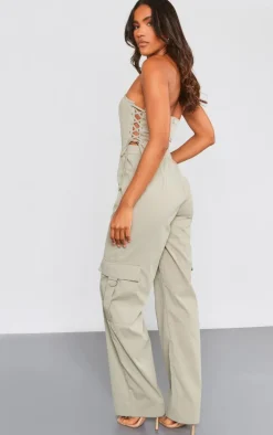 Khaki Lace Up Bandeau Cargo Pocket Detailed Jumpsuit