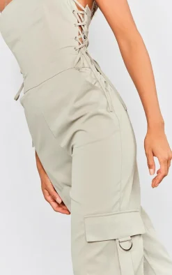 Khaki Lace Up Bandeau Cargo Pocket Detailed Jumpsuit