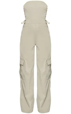 Khaki Lace Up Bandeau Cargo Pocket Detailed Jumpsuit