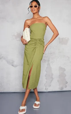 Khaki Linen Look Bandeau Ruched Detail Midaxi Dress