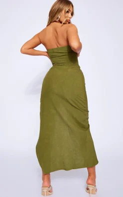 Khaki Linen Look Bandeau Pleated Ruched Midi Dress