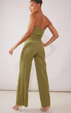 Khaki Linen Look Bandeau Tailored Jumpsuit