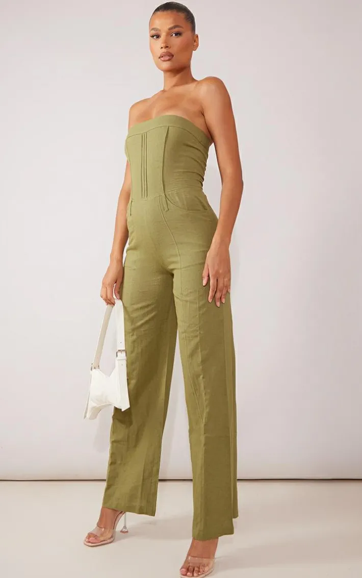 Khaki Linen Look Bandeau Tailored Jumpsuit