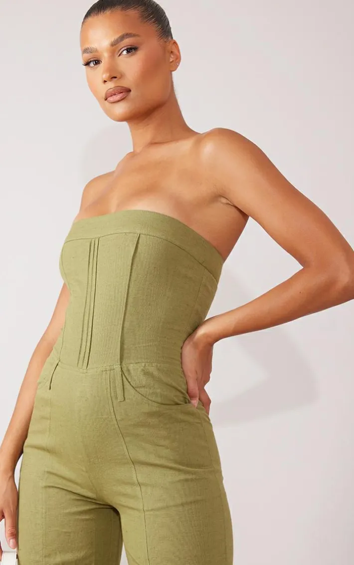Khaki Linen Look Bandeau Tailored Jumpsuit