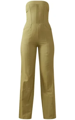 Khaki Linen Look Bandeau Tailored Jumpsuit
