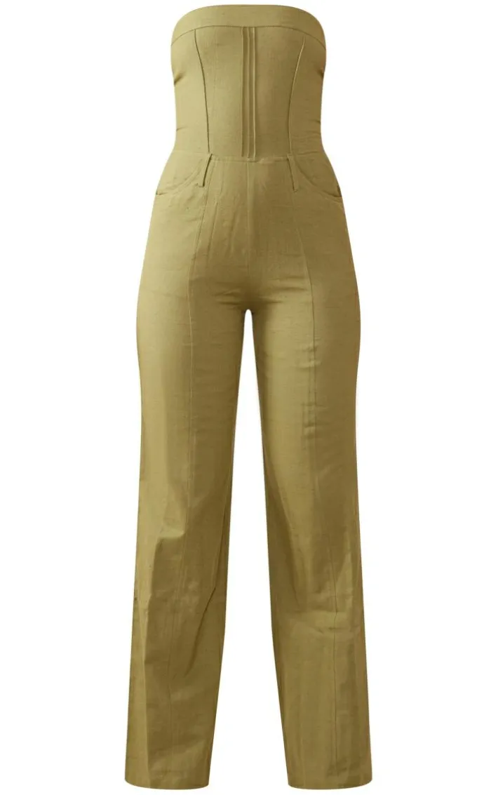 Khaki Linen Look Bandeau Tailored Jumpsuit