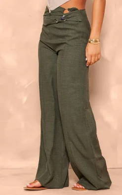 Khaki Linen Look Bead Trim Belted Wide Leg Pants
