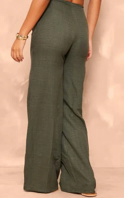 Khaki Linen Look Bead Trim Belted Wide Leg Pants