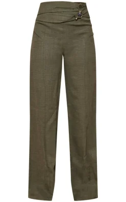 Khaki Linen Look Bead Trim Belted Wide Leg Pants