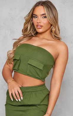 Khaki Linen Look Cargo Pocket Bandeau Corset