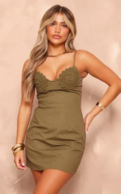 Khaki Linen Look Embroidered Cup Bodycon Dress