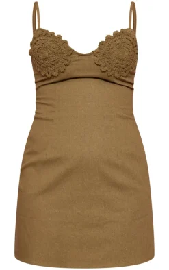 Khaki Linen Look Embroidered Cup Bodycon Dress