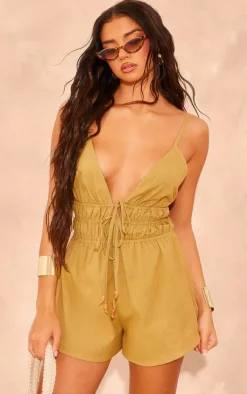 Khaki Linen Look Halter Neck Strappy Romper