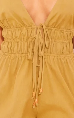 Khaki Linen Look Halter Neck Strappy Romper