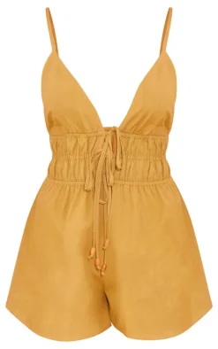 Khaki Linen Look Halter Neck Strappy Romper