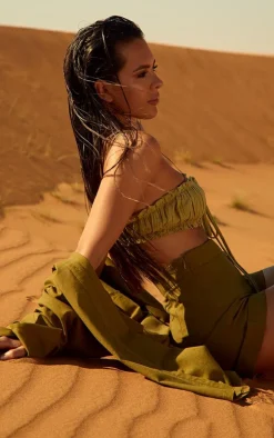 Khaki Linen Look High Waisted Shorts