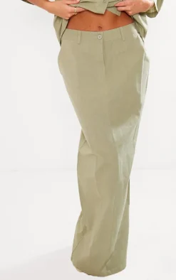 Khaki Linen Look Pocket Details Maxi Skirt