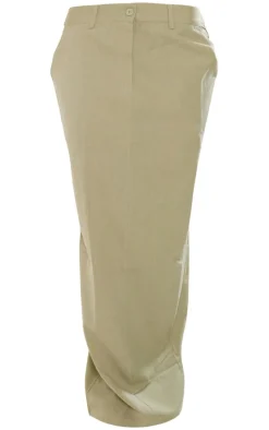 Khaki Linen Look Pocket Details Maxi Skirt