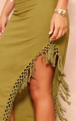 Khaki Linen Look Tassel Hem Thigh Split Maxi Skirt