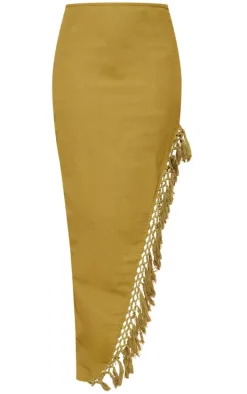 Khaki Linen Look Tassel Hem Thigh Split Maxi Skirt
