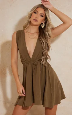 Khaki Linen Look Wrap Tie Sleeveless Shift Dress