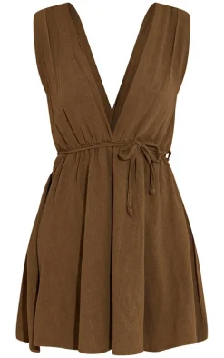 Khaki Linen Look Wrap Tie Sleeveless Shift Dress
