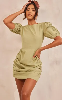 Khaki Linen Scoop Neck Ruched Skirt Bodycon Dress