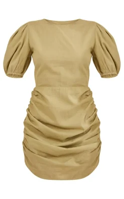 Khaki Linen Scoop Neck Ruched Skirt Bodycon Dress
