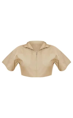 Khaki Linen Zip Front Crop Utility Shirt