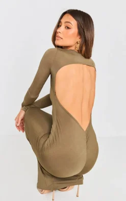 Khaki Long Sleeve Open Back Ruched Detail Maxi Dress