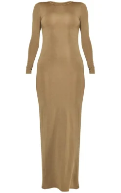Khaki Long Sleeve Open Back Ruched Detail Maxi Dress