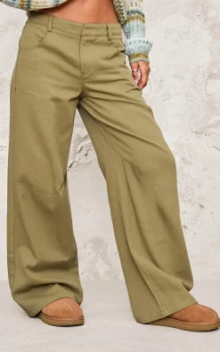 Khaki Low Rise Twill Wide Leg Pants