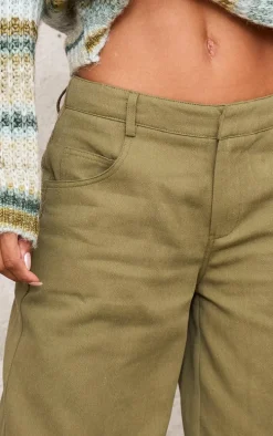 Khaki Low Rise Twill Wide Leg Pants