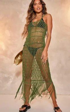 Khaki Macrame Tassel Hem Beach Maxi Dress