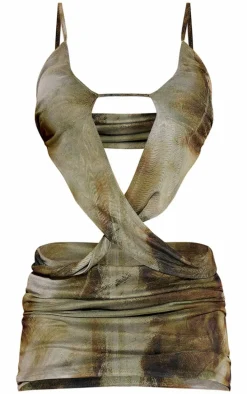 Khaki Mesh Extreme Cut Out Mini Dress